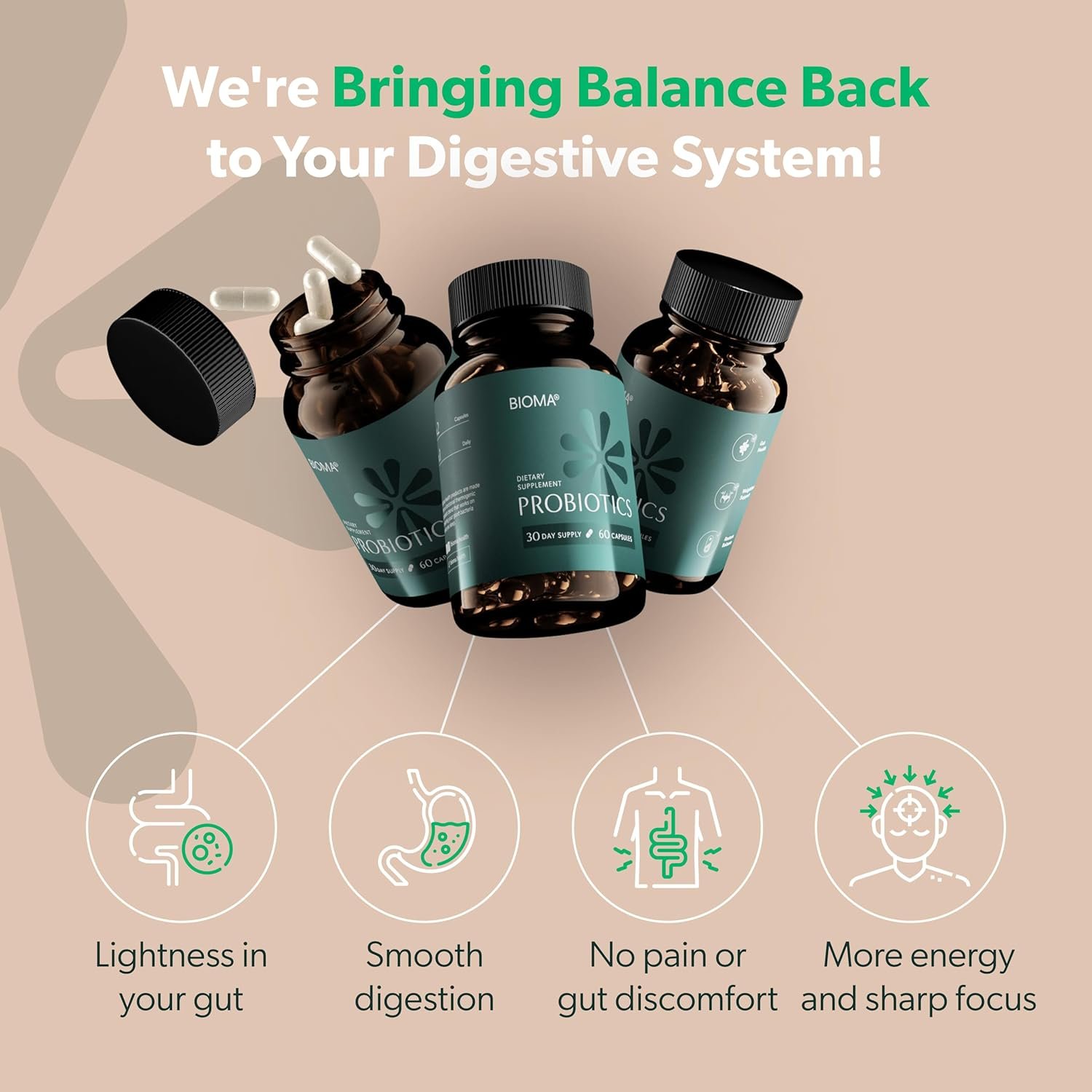 Bioma Probiotics for Digestive Health 3 In 1 Gut Health Probiotic 60 Caps